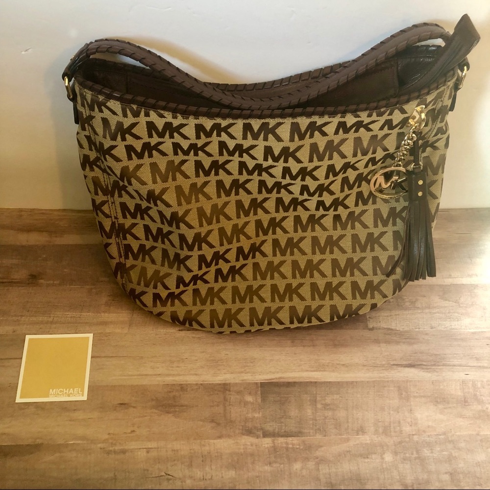 Michael Kors tan and brown signature logo bag
